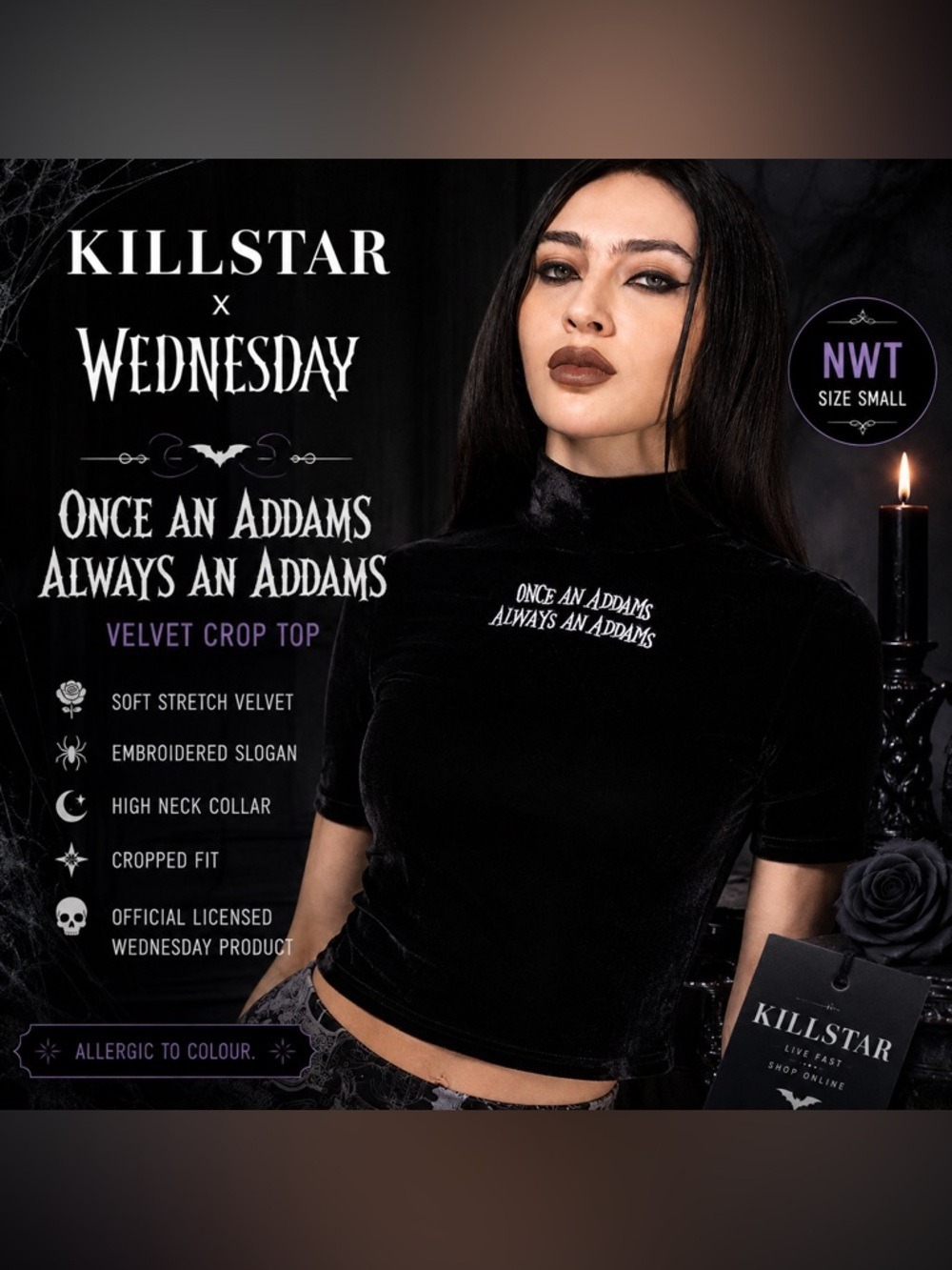 Killstar Wednesday Addams Velvet Crop Top NWT Small Goth
